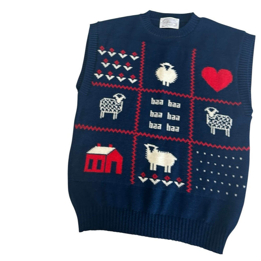 VTG 80s Pendleton Baa Baa baa Sheep Tic Tac Toe Wool Sweater Vest Navy Small - Picture 2 of 11